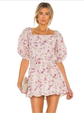 MINKPINK Cecile White Pink Floral Square Neck Puff-Sleeve Mini Dress Sz Sm